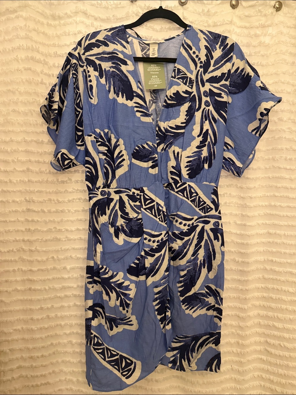 H&M Blue and White Tropical Leaf Mini Dress